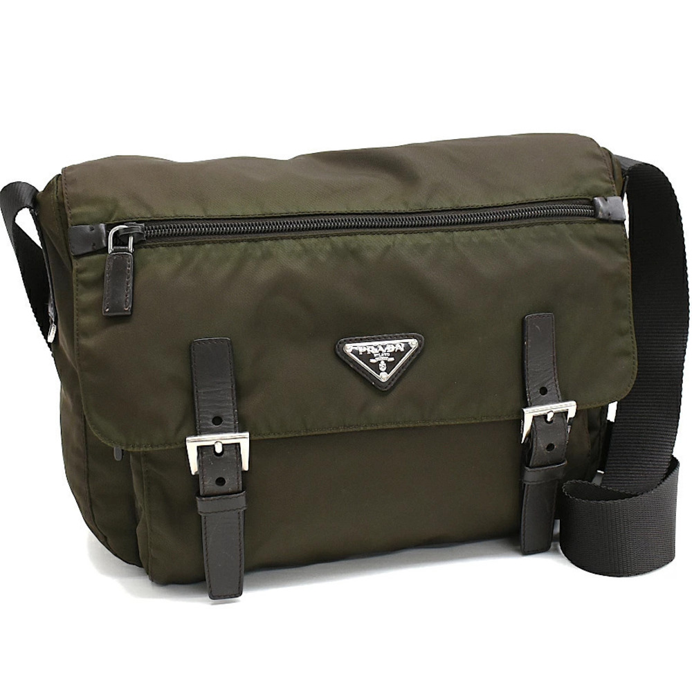 Prada Crossbody Messenger Shoulder Bag Khaki Green Triangle Plate